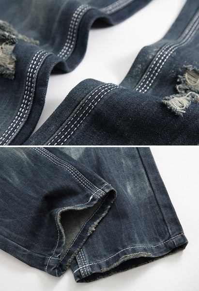 NITAGUT Men's Ripped Slim Fit Tapered Leg Jeans-Dark Blue