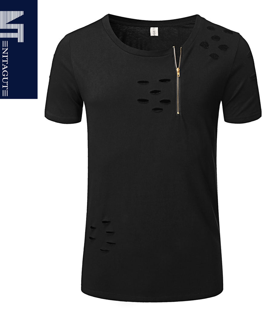 NITAGUT Mens Hipster Hiphop Holes Design T-Shirt Cotton Crewneck Tees Zipper Trim-Black