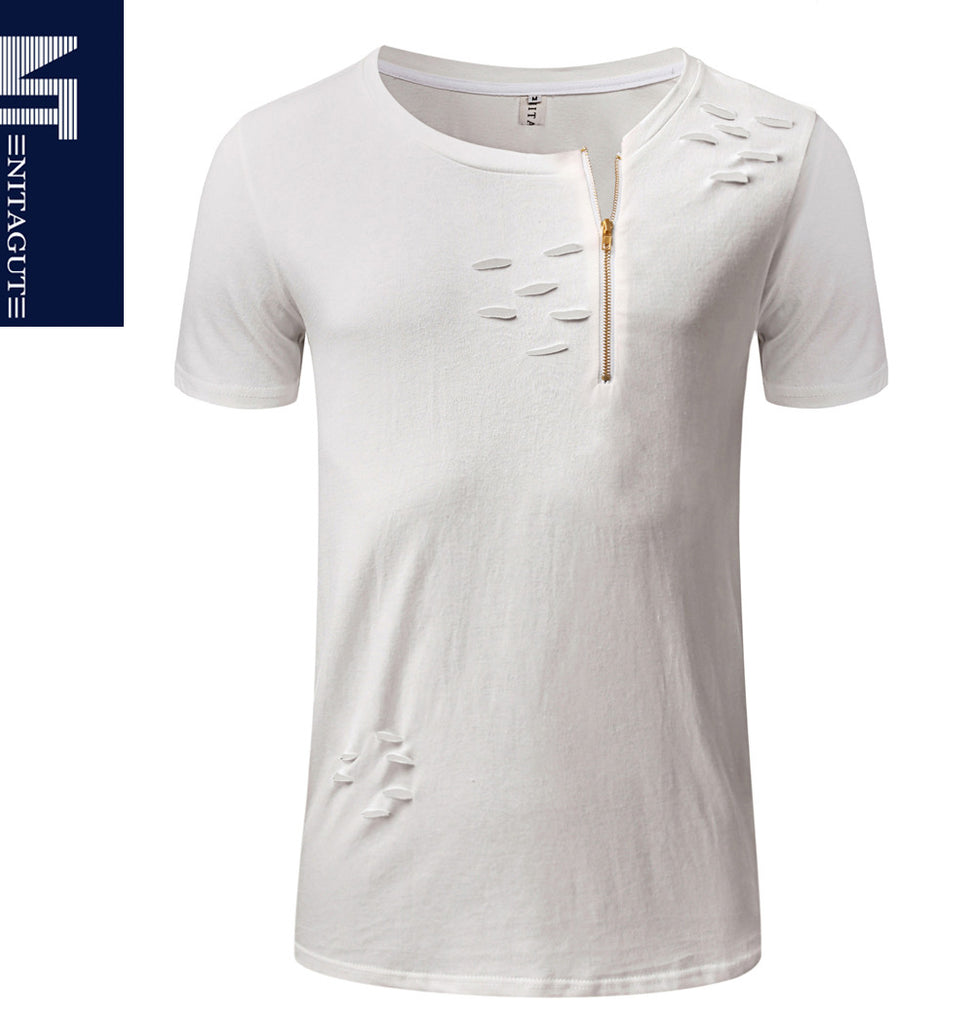NITAGUT Mens Hipster Hiphop Holes Design T-Shirt Cotton Crewneck Tees Zipper Trim