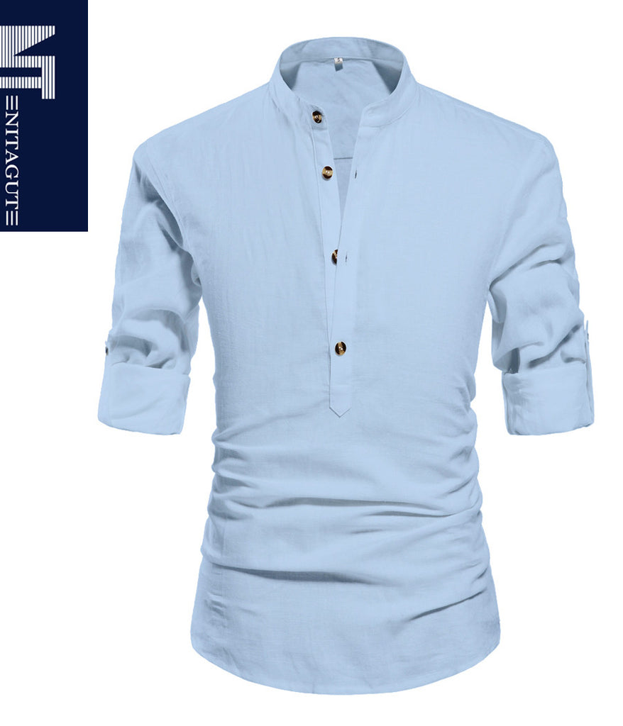 NITAGUT Men Henley Neck Long Sleeve Daily Look  Linen Shirts