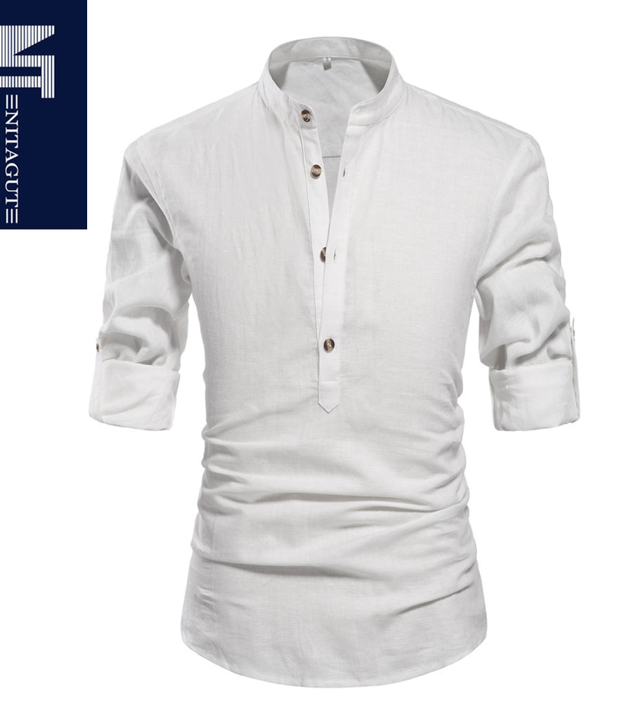 NITAGUT Men Henley Neck Long Sleeve Daily Look Linen Shirts