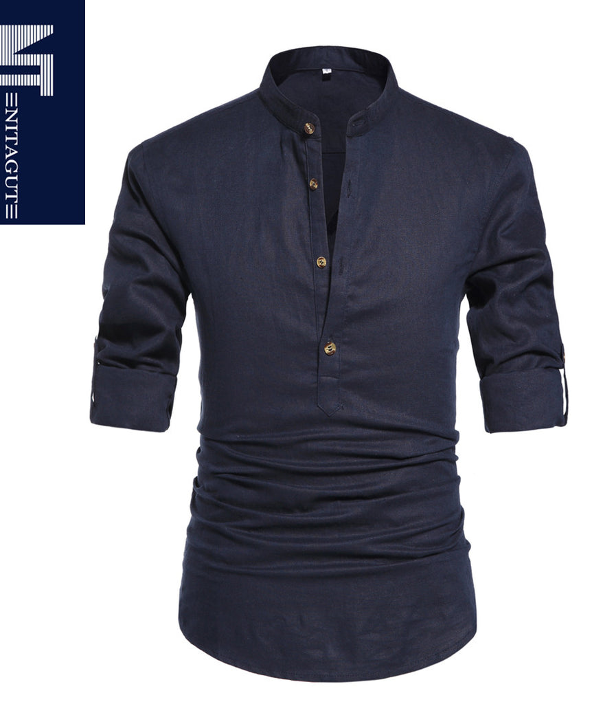 NITAGUT Men Henley Neck Long Sleeve Daily Look Linen Shirts