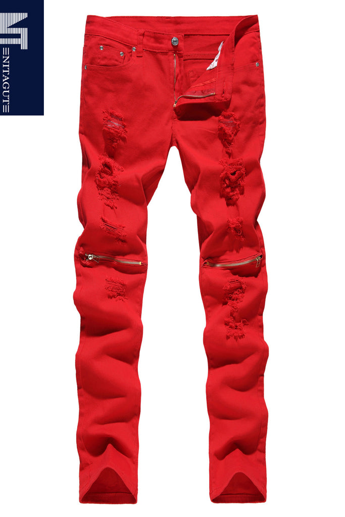 NITAGUT Men's Skinny Ripped Destroyed Slim Straight Fit Zipper Jeans-Red