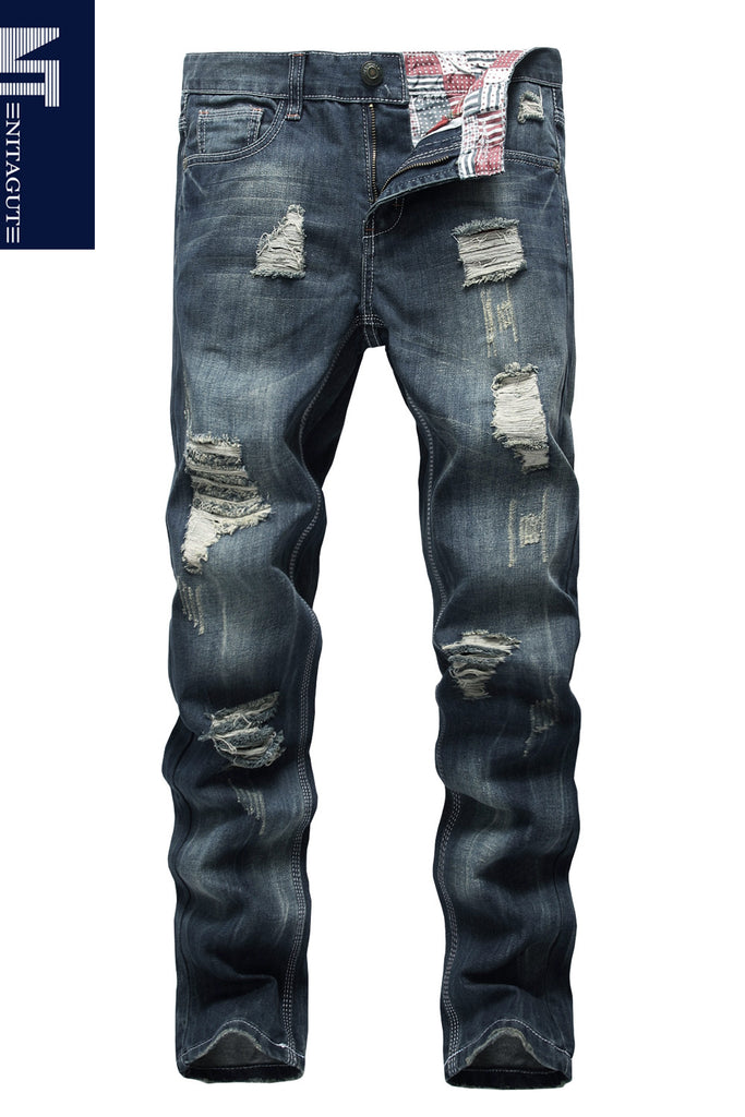 NITAGUT Men's Ripped Slim Fit Tapered Leg Jeans-Dark Blue