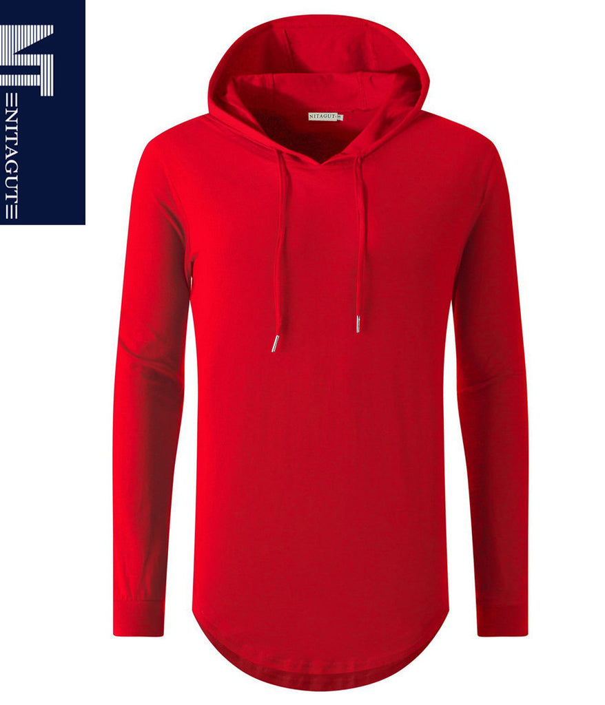 NITAGUT Mens Hipster Hip Hop Longline Hooded Side Zipper Long Sleeve T Shirt-Red