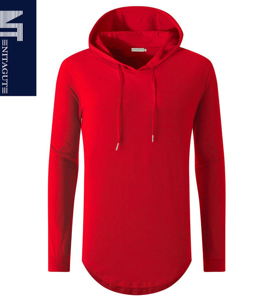 NITAGUT Mens Hipster Hip Hop Longline Hooded Side Zipper Long Sleeve T Shirt-Red