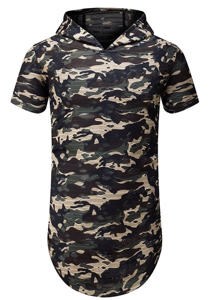 NITAGUT Mens Hipster Hip Hop Holes Zipper Hoodie Camo Tees -Green
