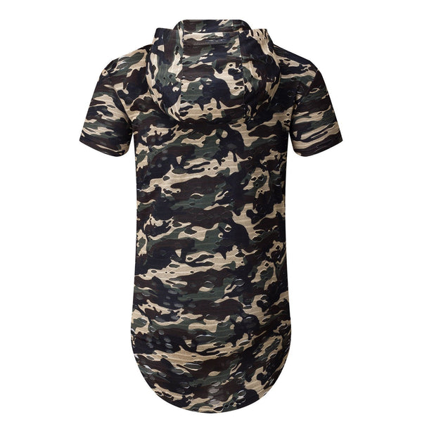 NITAGUT Mens Hipster Hip Hop Holes Zipper Hoodie Camo Tees -Green